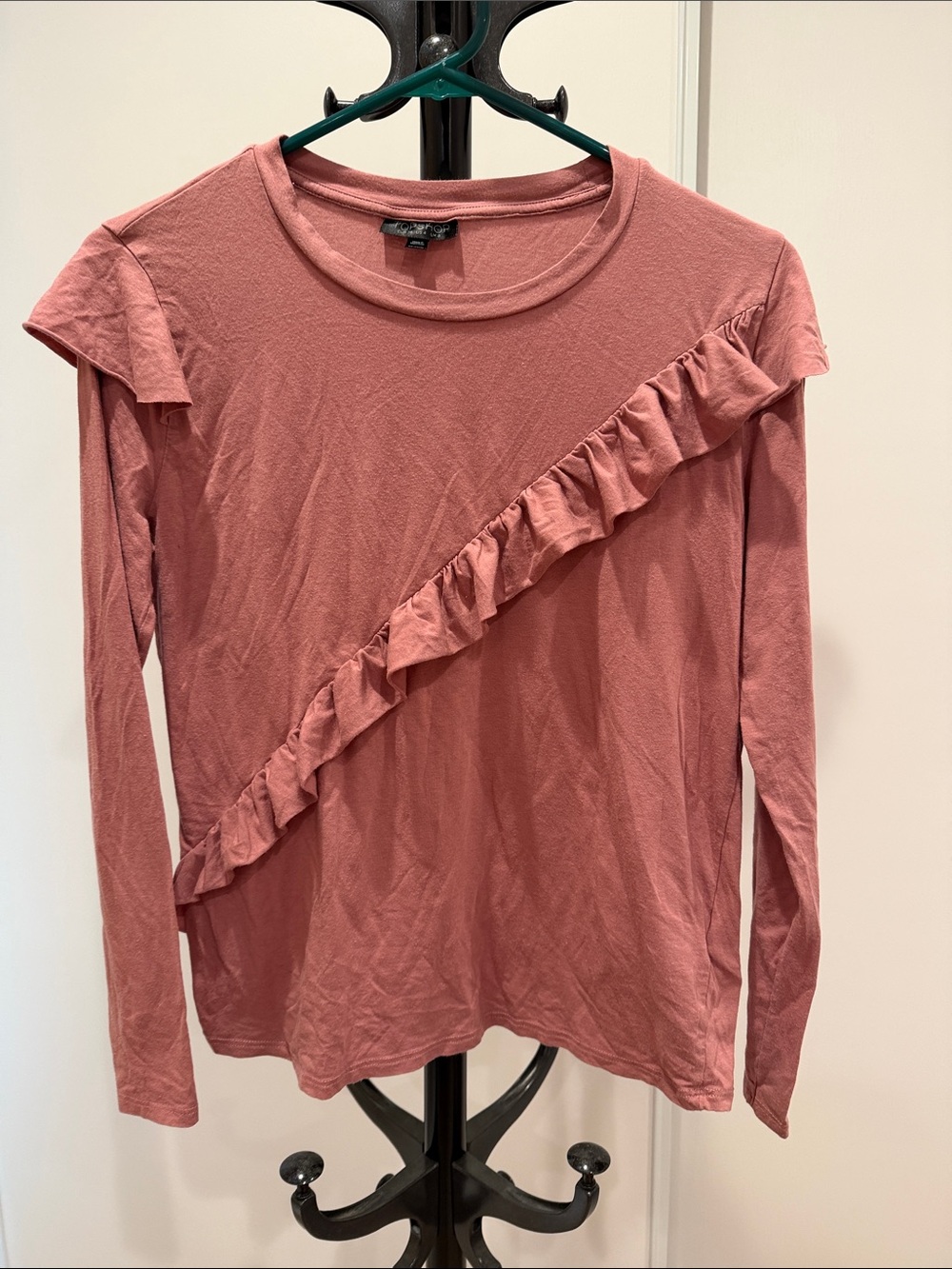 Topshop Dusty Rose Diagonal Ruffle Long Sleeve Tee
